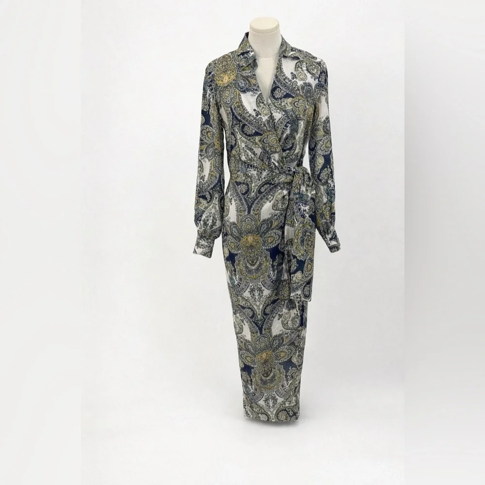Magaschoni Sophisticated Paisley Belted Wrap Dress – Navy Gold Long Sleeve Midi - Picture 3 of 17